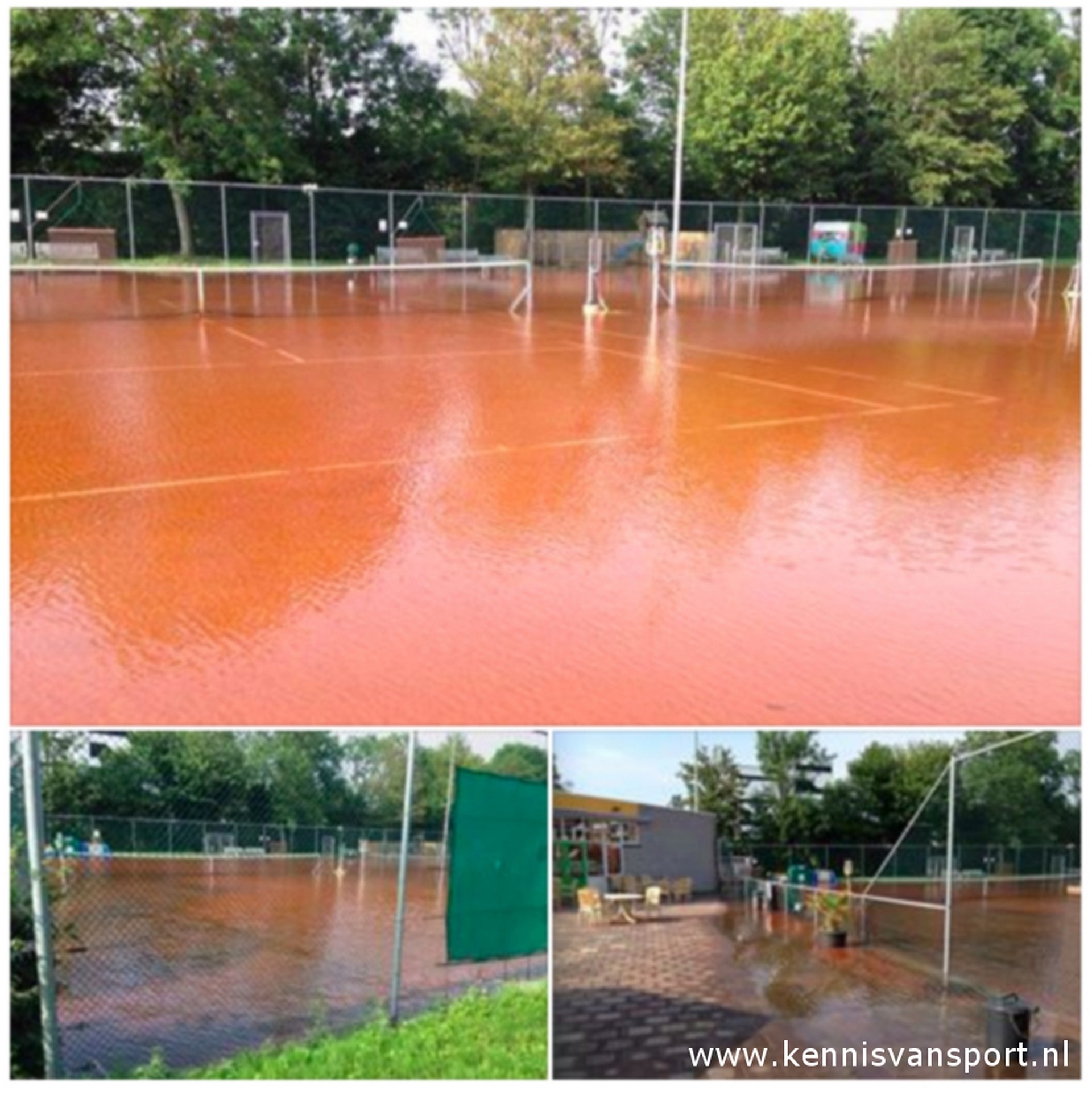 tennisbanen volledig onder water